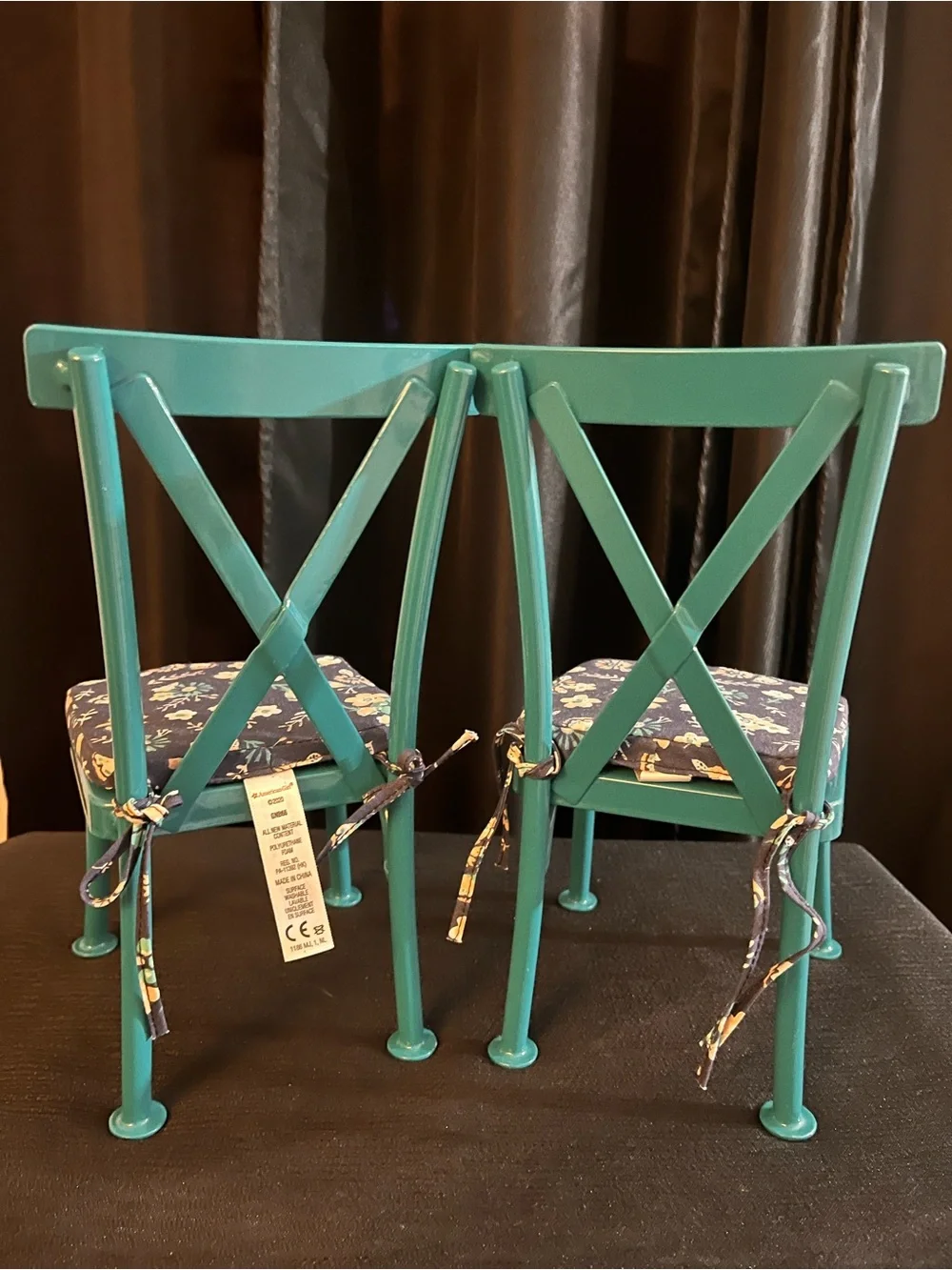 Doll house American Girl Teal Chairs with Navy Floral Cushions